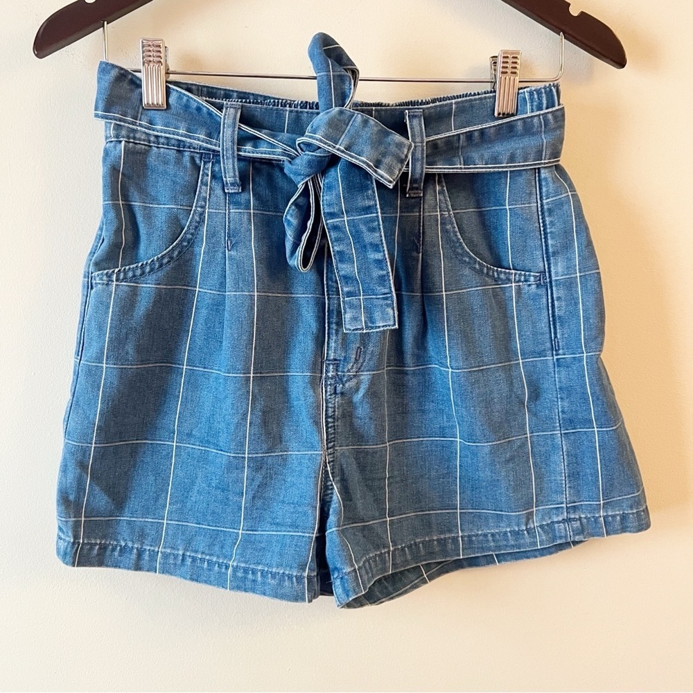 Madewell Blue Windowpane High-Waist Paperbag Shorts